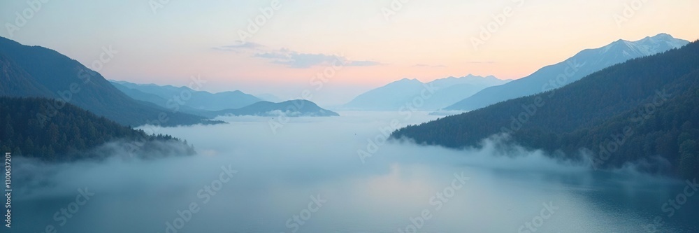 Misty morning atmosphere over Baikal lake and surrounding mountains, cloud, fog, lake Misty morning atmosphere over Baikal lake and surrounding mountains, cloud, fog, lake