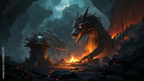 a dragon-guarded treasure hoard beneath a cavern lit by molten lava