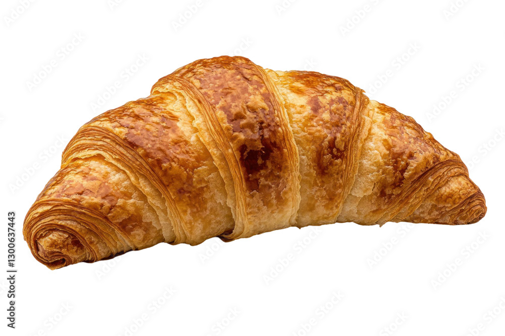 Close up of golden brown croissant with flaky texture against a transparent background highlighting the baked pastry's details Close up of golden brown croissant with flaky texture against a transparent background highlighting the baked pastry's details