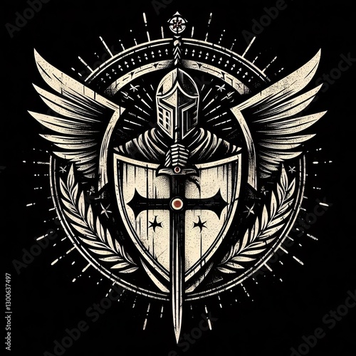 Illustrative Knight with Wings, Sword, and Shield on a Textured Background