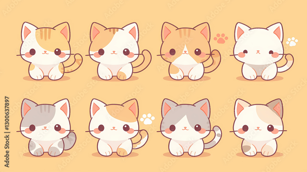 Cute cartoon kittens in various colors sitting on a soft orange background with playful expressions Cute cartoon kittens in various colors sitting on a soft orange background with playful expressions