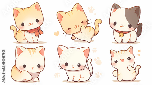 Cute cartoon cats with playful expressions and accessories, set against a soft, pastel background