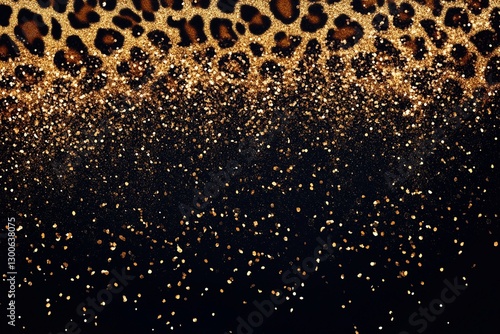 Sparkling golden glitter with leopard print pattern against a dark background creates a vibrant and stylish aesthetic