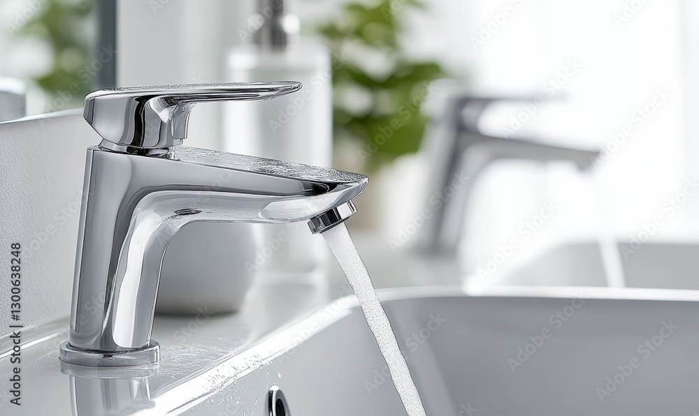 Chrome faucet dispenses flowing water into the sink. Chrome faucet dispenses flowing water into the sink.