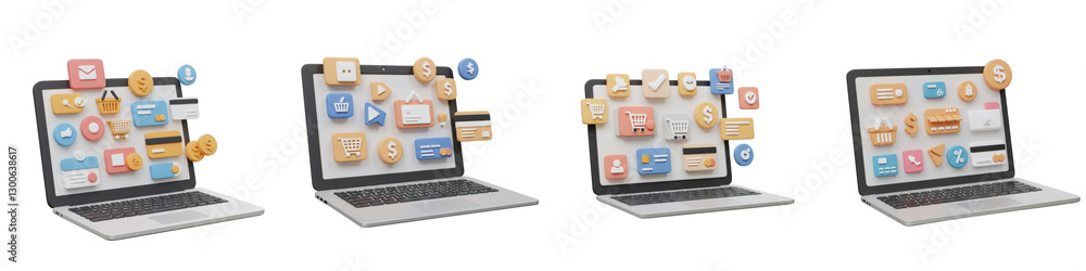 Four Laptops Displaying Colorful App Icons in 3D Render Four Laptops Displaying Colorful App Icons in 3D Render