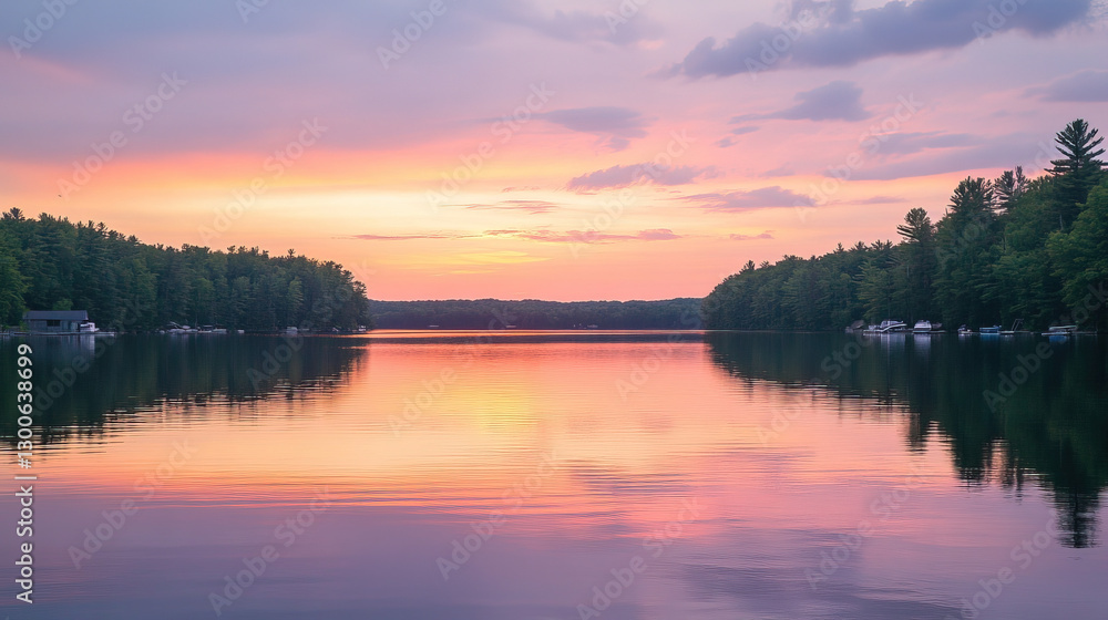 Serene Lake Reflecting the Warm Hues of a Soft Sunset with Pastel Pink, Orange, and Purple Tones Blending in the Sky and Water. Serene Lake Reflecting the Warm Hues of a Soft Sunset with Pastel Pink, Orange, and Purple Tones Blending in the Sky and Water.