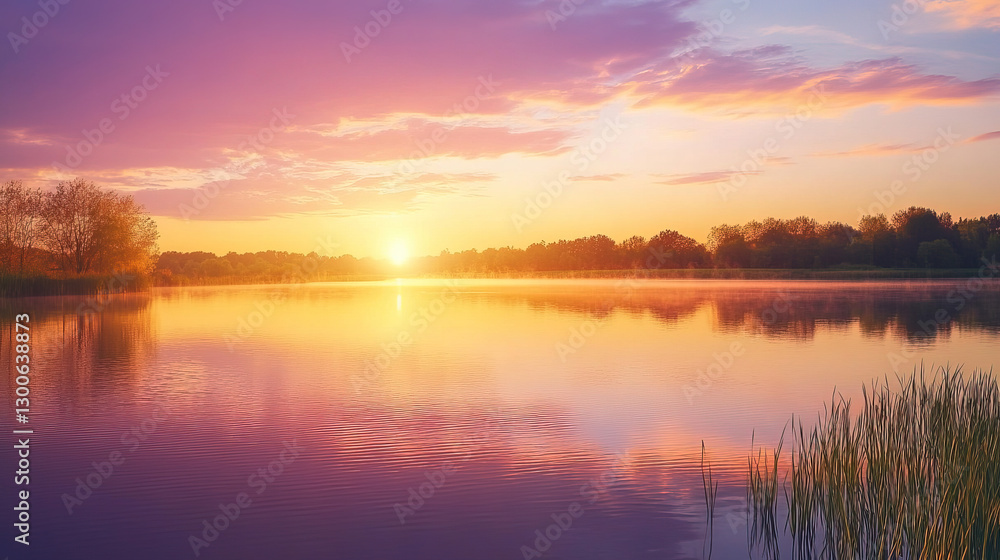 Serene Lake Reflecting the Warm Hues of a Soft Sunset with Pastel Pink, Orange, and Purple Tones Blending in the Sky and Water. Serene Lake Reflecting the Warm Hues of a Soft Sunset with Pastel Pink, Orange, and Purple Tones Blending in the Sky and Water.