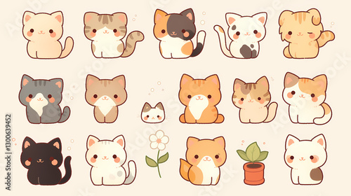 Cute and colorful cartoon cats in various poses, surrounded by playful elements and a soft background