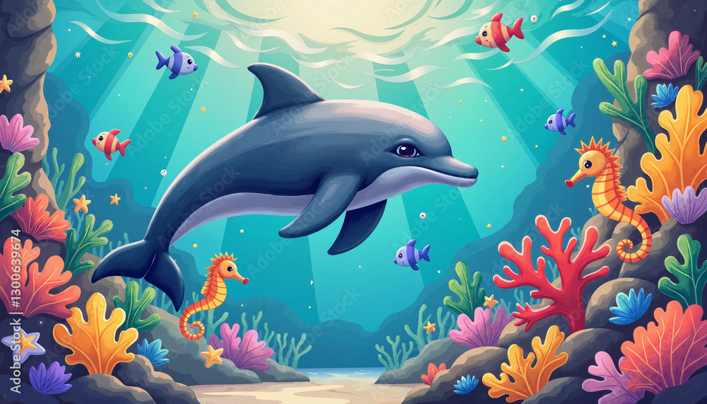Obraz premium Inquisitive dolphin swimming through vibrant coral reef, underwater paradise