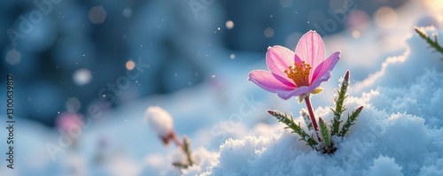 A delicate alpine flower in the midst of frozen snow and ice, evergreen, coniferous, frost