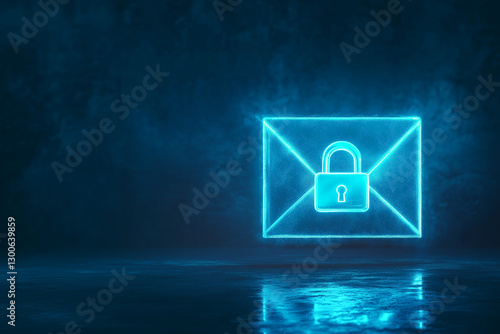 3D encrypted email icon with a glowing lock symbol floating above a digital envelope with copy space. Soft blue lighting. Futuristic cybersecurity background. 