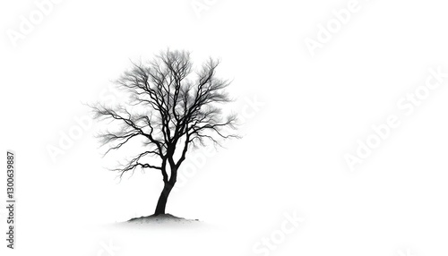 A lone tree stands stark against a pure white backdrop, image, graphic