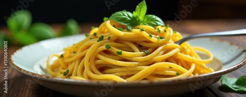 Freshly cooked spaghetti tangled around a fork, pesto, pastalover photo