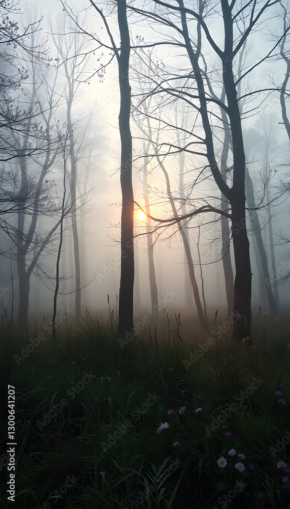 The forest during the fog. Soft light during sunrise. Blooming trees and grasses with flowers. Mystical atmosphere. Image for background and wallpaper, dreamy atmosphere. with white shades The forest during the fog. Soft light during sunrise. Blooming trees and grasses with flowers. Mystical atmosphere. Image for background and wallpaper, dreamy atmosphere. with white shades