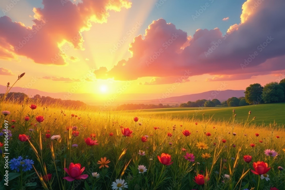 Vibrant sunrise paints meadow golds, pinks, oranges , clouds, nature, flowers Vibrant sunrise paints meadow golds, pinks, oranges , clouds, nature, flowers