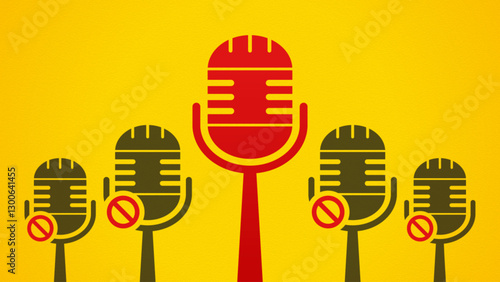 A red microphone stands among several inactive microphones. Concept illustration of leadership, one voice, one vision and mission, one goal, or a silenced voice
