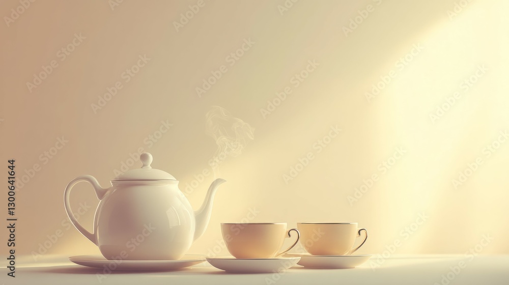 Warm morning light illuminates a teapot and two steaming teacups, creating a peaceful and serene atmosphere. Warm morning light illuminates a teapot and two steaming teacups, creating a peaceful and serene atmosphere.