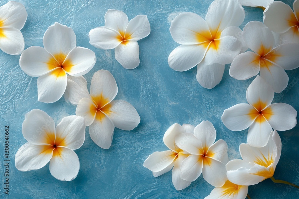 Fototapeta premium Beautiful white flowers with yellow center petals arranged on a calm blue surface creating a serene atmosphere