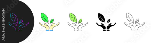 Two hands holding a leaf icon, symbolizing sustainability, environmental awareness, growth, and ecological consciousness. Features variations, gradients, colored, minimalist, solid, and outlines.
