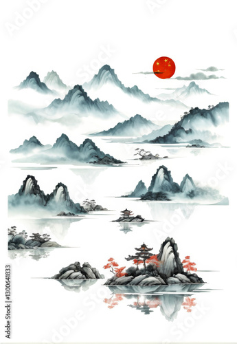 Chinese style mountain, river, lake and sea ink landscape painting Chinese style background decorative material