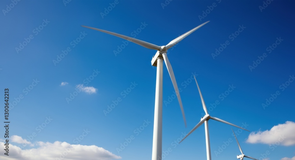 Wind turbines against a clear blue sky with fluffy clouds Wind turbines against a clear blue sky with fluffy clouds