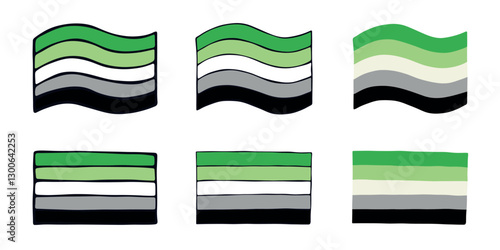 Set of colorful Aromantic pride flag Happy pride day LGBTQIA community Pride Month Vector hand drawn doodle for posters, stickers, logo, cards