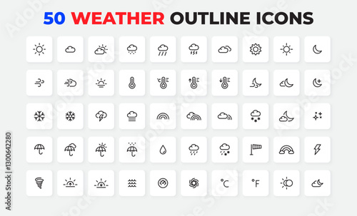 Outline weather icons. Atmospheric conditions and phenomena. Ideal for weather apps, forecasts, and educational materials.