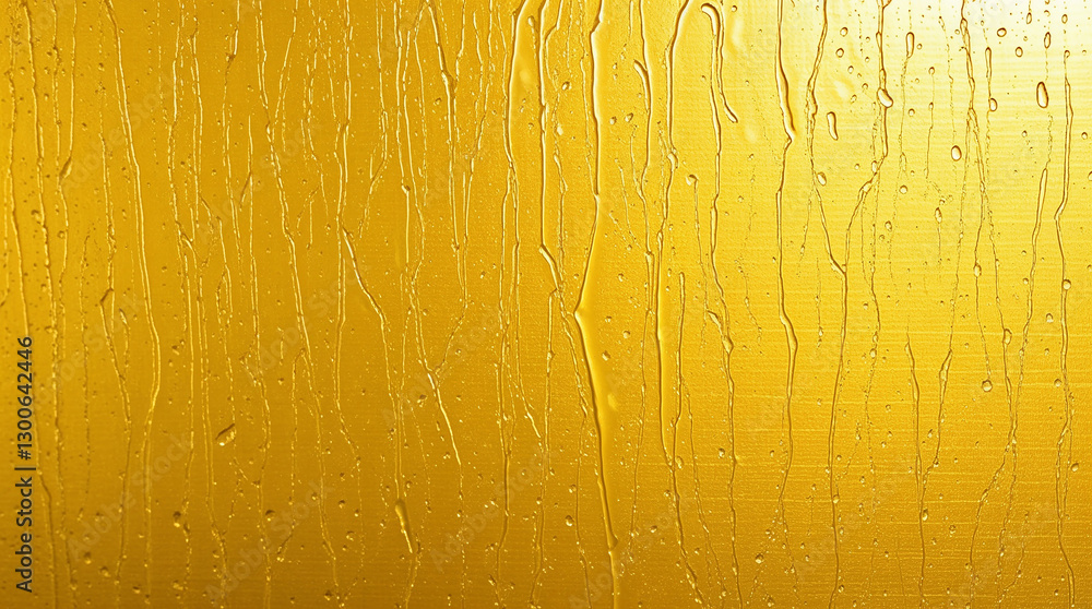 Naklejka premium Rain droplets flowing down golden surface creating abstract pattern