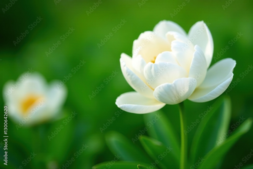 White peony flowers unfurl on a bed of emerald green, calm, garden White peony flowers unfurl on a bed of emerald green, calm, garden