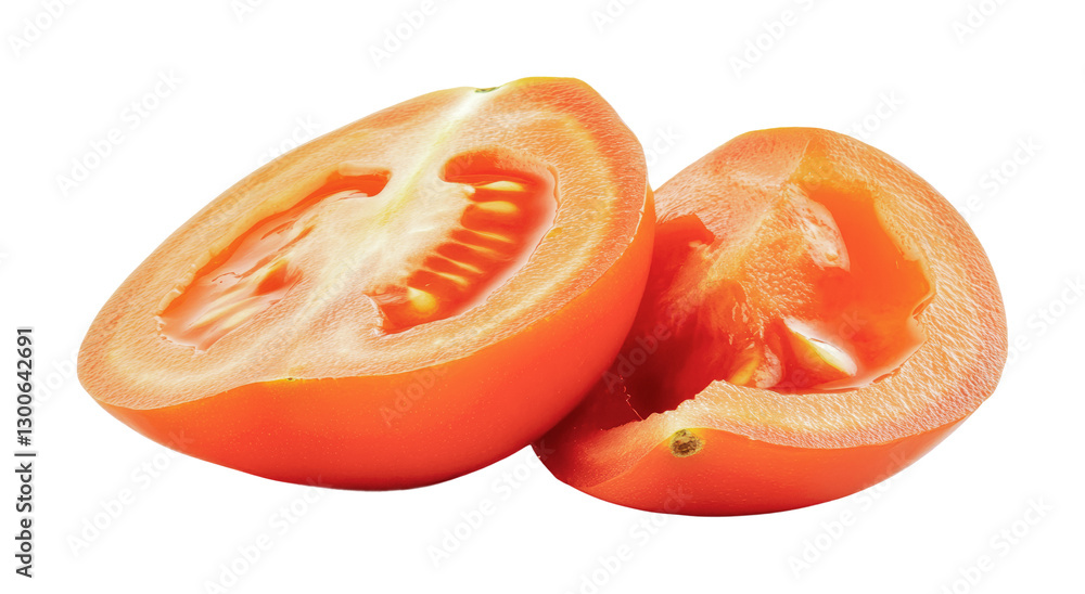 Freshly cut ripe tomato ready for culinary use in salads and cooking during summer gatherings or holiday celebrations, cut out Freshly cut ripe tomato ready for culinary use in salads and cooking during summer gatherings or holiday celebrations, cut out