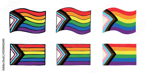 Set of colorful Lgbtq progress pride flag Happy pride day LGBTQIA community Pride Month Vector hand drawn doodle for posters, stickers, logo, cards