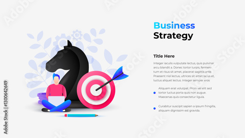 Modern strategic planning illustration with a chess piece, target, and individual working. Perfect for business and strategy discussions in presentations or online content