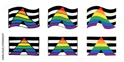 Set of colorful Straight ally pride flag Happy pride day LGBTQIA community Pride Month Vector hand drawn doodle for posters, stickers, logo, cards