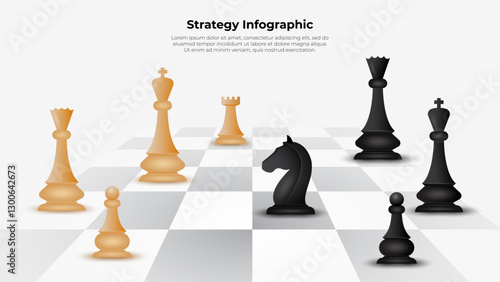Illustration with chess pieces on a white background, representing strategy, tactics, leadership, and decision making in both board games and real world applications