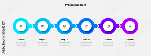 Infographic six step process for business and process visualization, creating engaging presentations, or illustrating project workflows