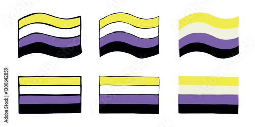 Set of colorful Non-binary pride flag Happy pride day LGBTQIA community Pride Month Vector hand drawn doodle for posters, stickers, logo, cards