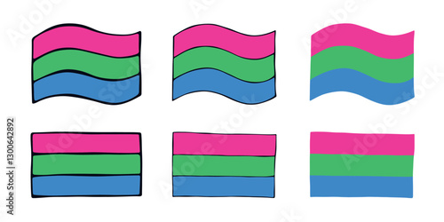 Set of colorful Polysexual pride flag Happy pride day LGBTQIA community Pride Month Vector hand drawn doodle for posters, stickers, logo, cards