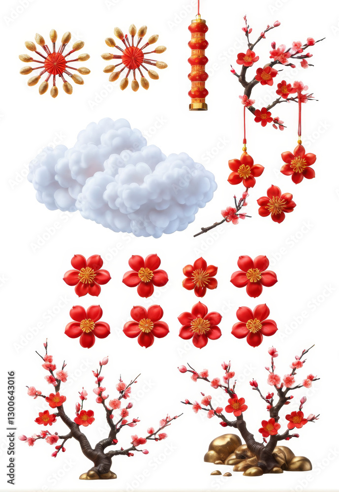 Fototapeta premium Chinese New Year elements plum blossom cherry blossom firecrackers auspicious clouds
