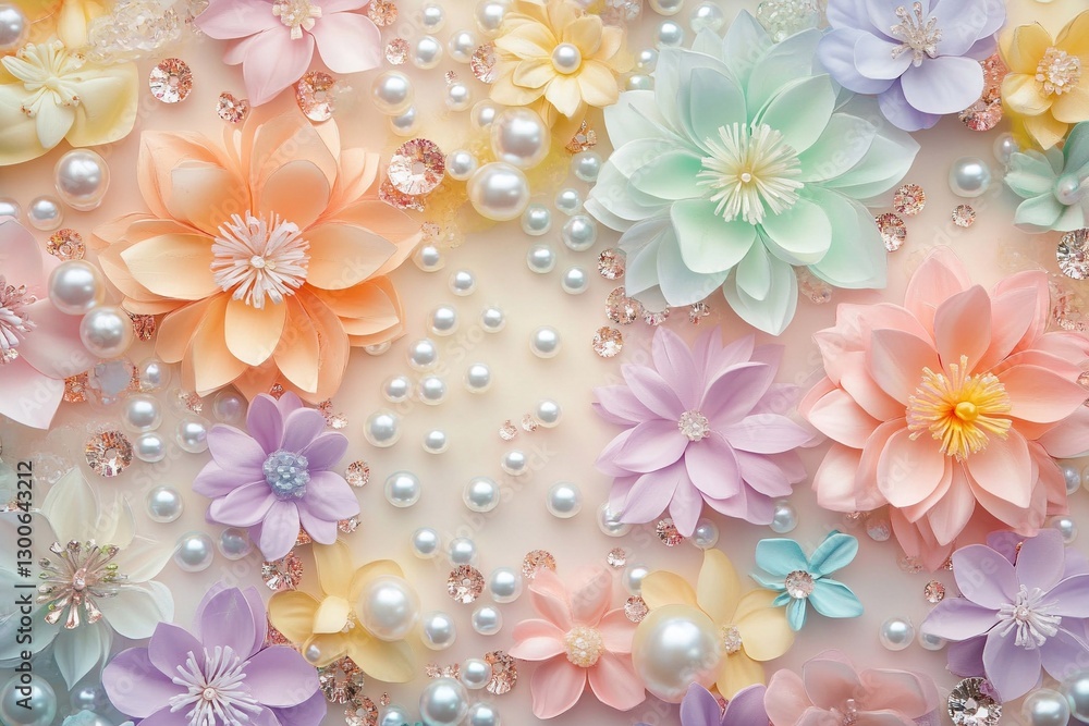 Colorful arrangement of artificial flowers and pearls on a soft pastel background, ideal for various crafts and decorations Colorful arrangement of artificial flowers and pearls on a soft pastel background, ideal for various crafts and decorations