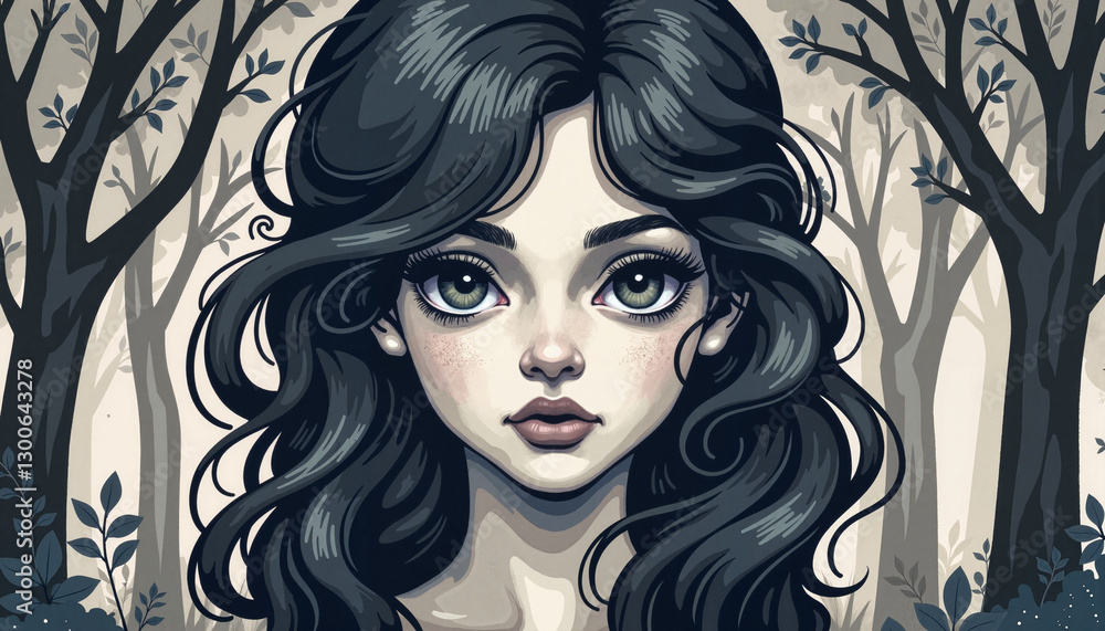 Mysterious girl gazing in enchanted forest, captivating allure Mysterious girl gazing in enchanted forest, captivating allure