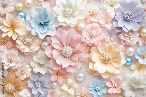 Colorful arrangement of paper flowers with beads and pearls in soft pastel hues for decorative purposes