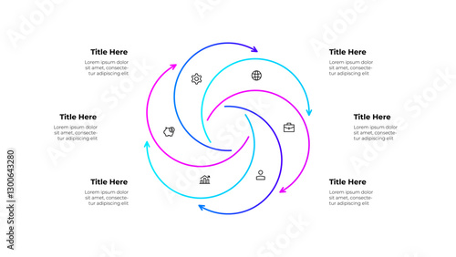 Line infographic diagram featuring a circular workflow with 6 arrows and icons. Business concepts showing growth, finance, and planning, symbolizing continuous improvement and strategic processes