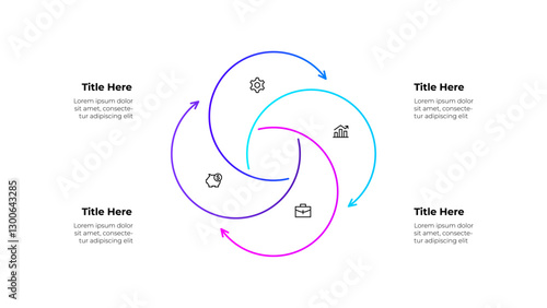Line infographic diagram featuring a circular workflow with 4 arrows and icons. Business concepts showing growth, finance, and planning, symbolizing continuous improvement and strategic processes