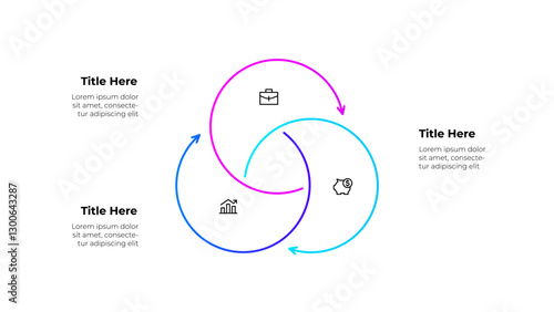 Line infographic diagram featuring a circular workflow with 3 arrows and icons. Business concepts showing growth, finance, and planning, symbolizing continuous improvement and strategic processes