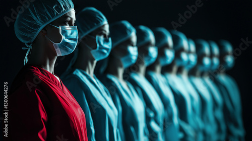 Medizinisches Personal in OP-Kleidung mit Masken und Hauben in einer Reihe stehend. Die dramatische Beleuchtung in Blautönen verleiht dem Bild eine intensive, futuristische Wirkung