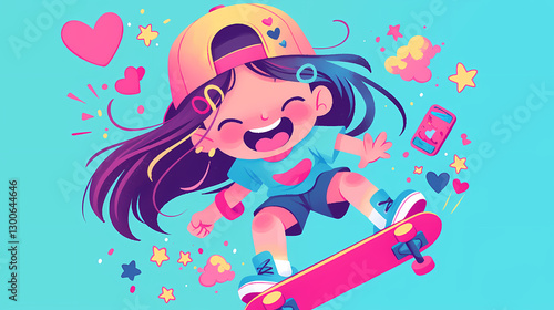 Wallpaper Mural Cheerful girl skateboarding against a vibrant blue background with playful hearts and stars Torontodigital.ca