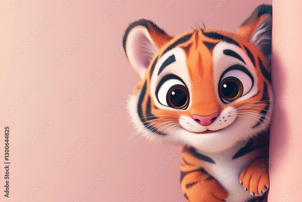 Fototapeta premium Cute cartoon tiger character peeking around a pastel pink wall with a friendly smile and expressive eyes