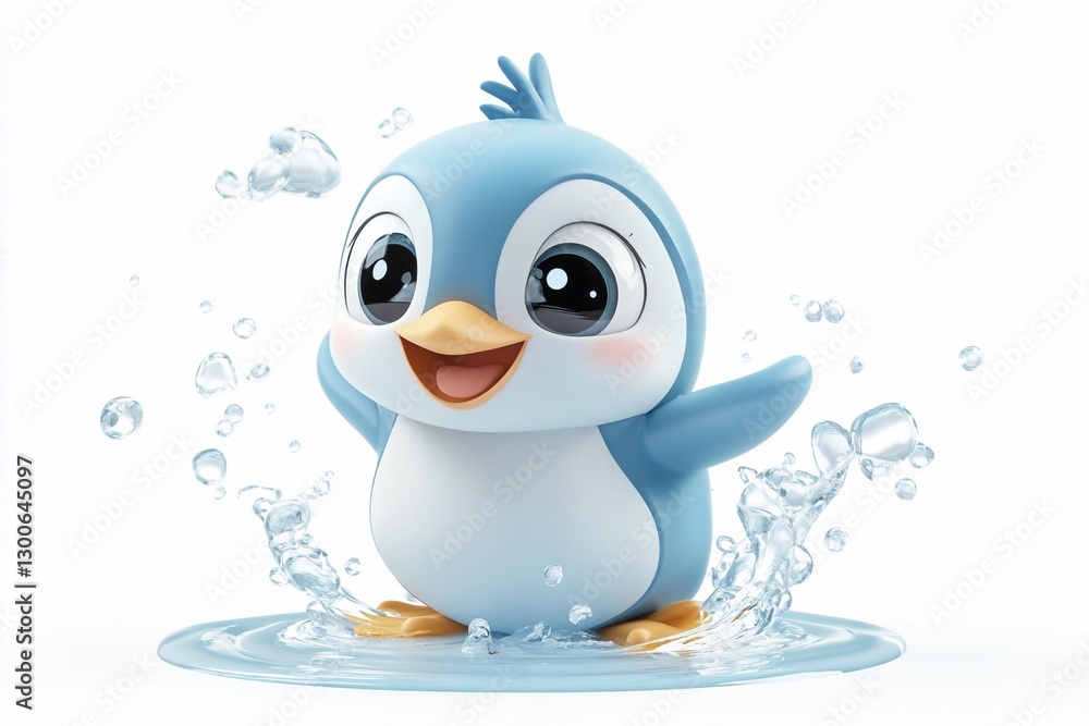 Fototapeta premium Cute cartoon penguin splashing in water, displaying joy and playfulness during a sunny day