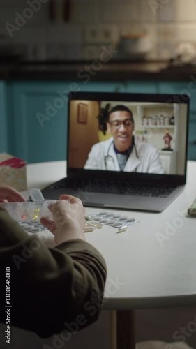 Patient Talking to Online Doctor from Home, Reviewing Medical Analysis. Vertical screen