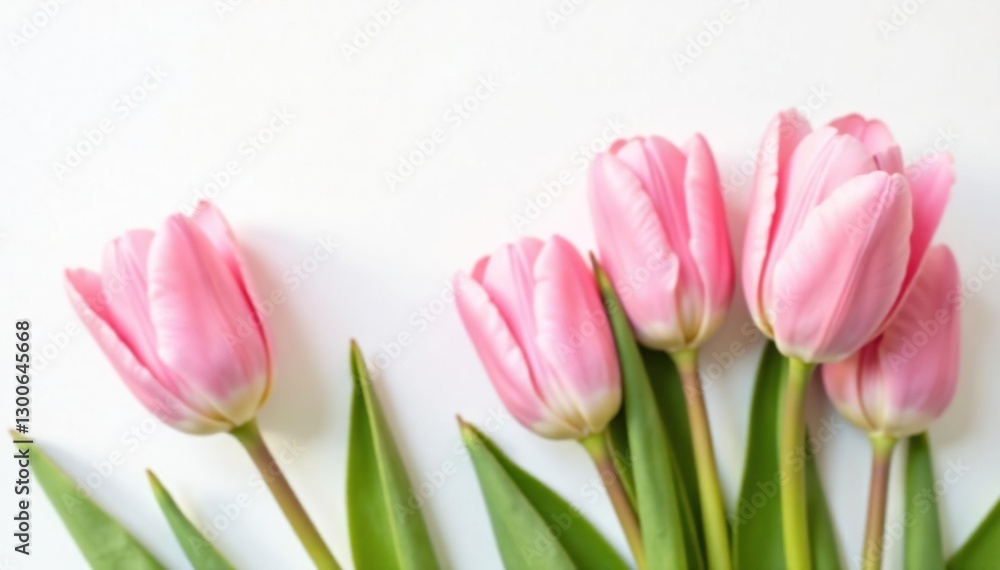 Fototapeta premium Pastel pink tulips against white background with a subtle copy space, flat lay, neutral background